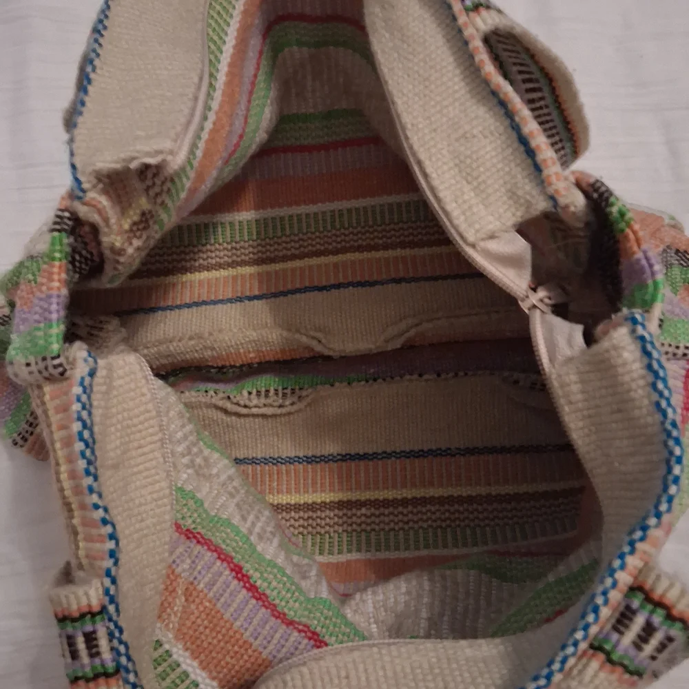 Woven Stripe Tote Bag in Beige with Green, Purple & Orange Accents - Picture 4 of 7